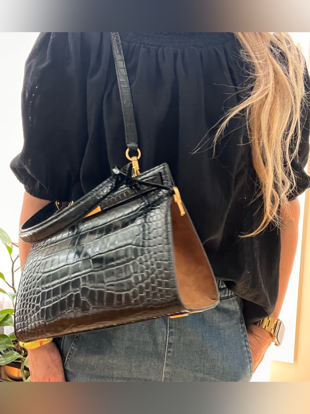Tory Burch Lee Rodziwill Black Croc Embossed Leather Top Handle/Shoulder Bag - Picture 4 of 15
